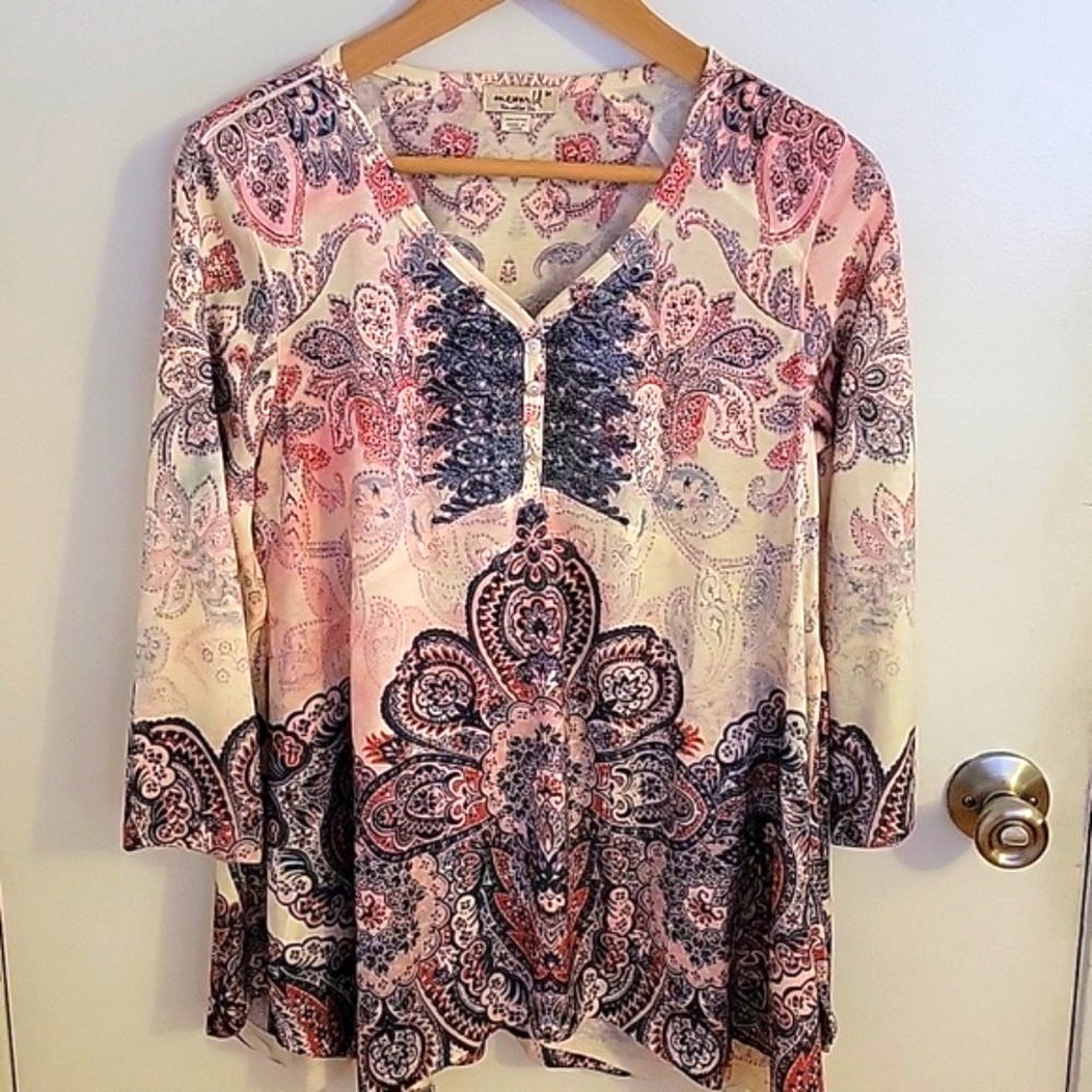 One World Blouse with Bead Embellishments and Whimsical Pattern, sz M